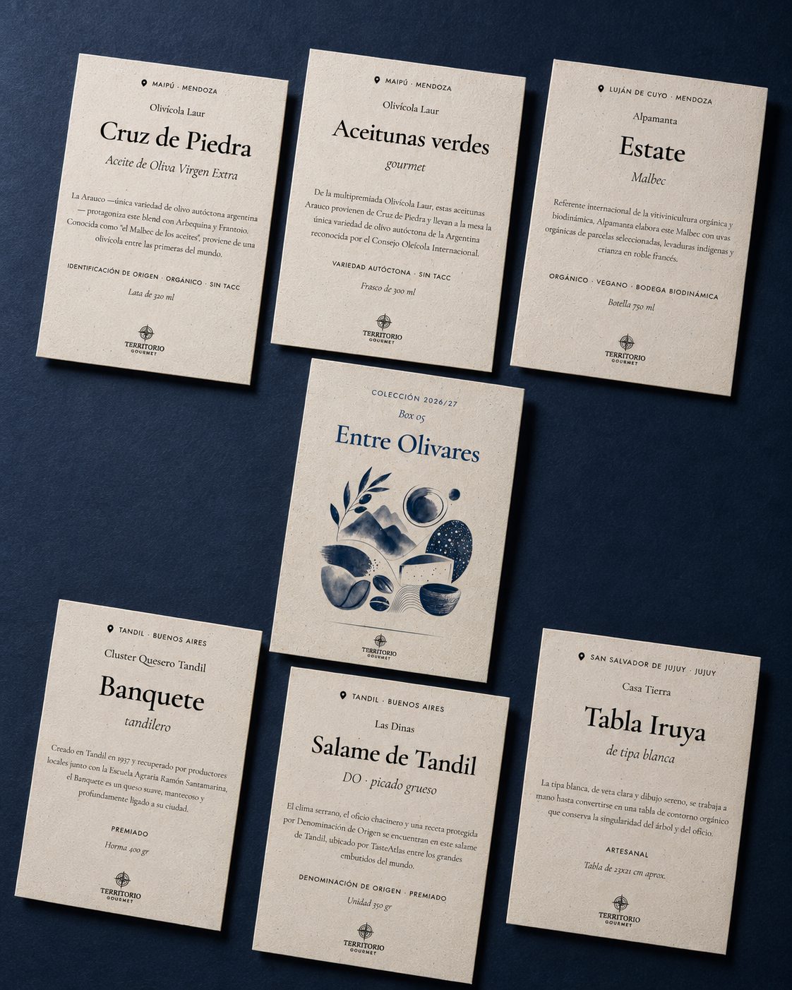 Set de tarjetas de origen de la caja Entre Olivares: una tarjeta de colección y una por producto